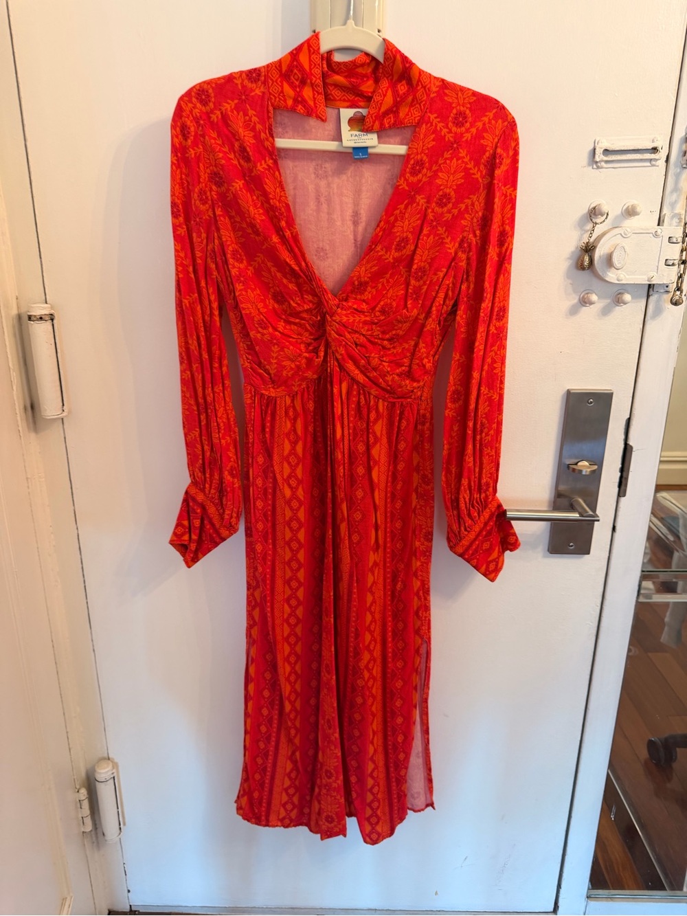 FARM Rio Red Orange Patterned Long-Sleeve Twist-Front Maxi Dress